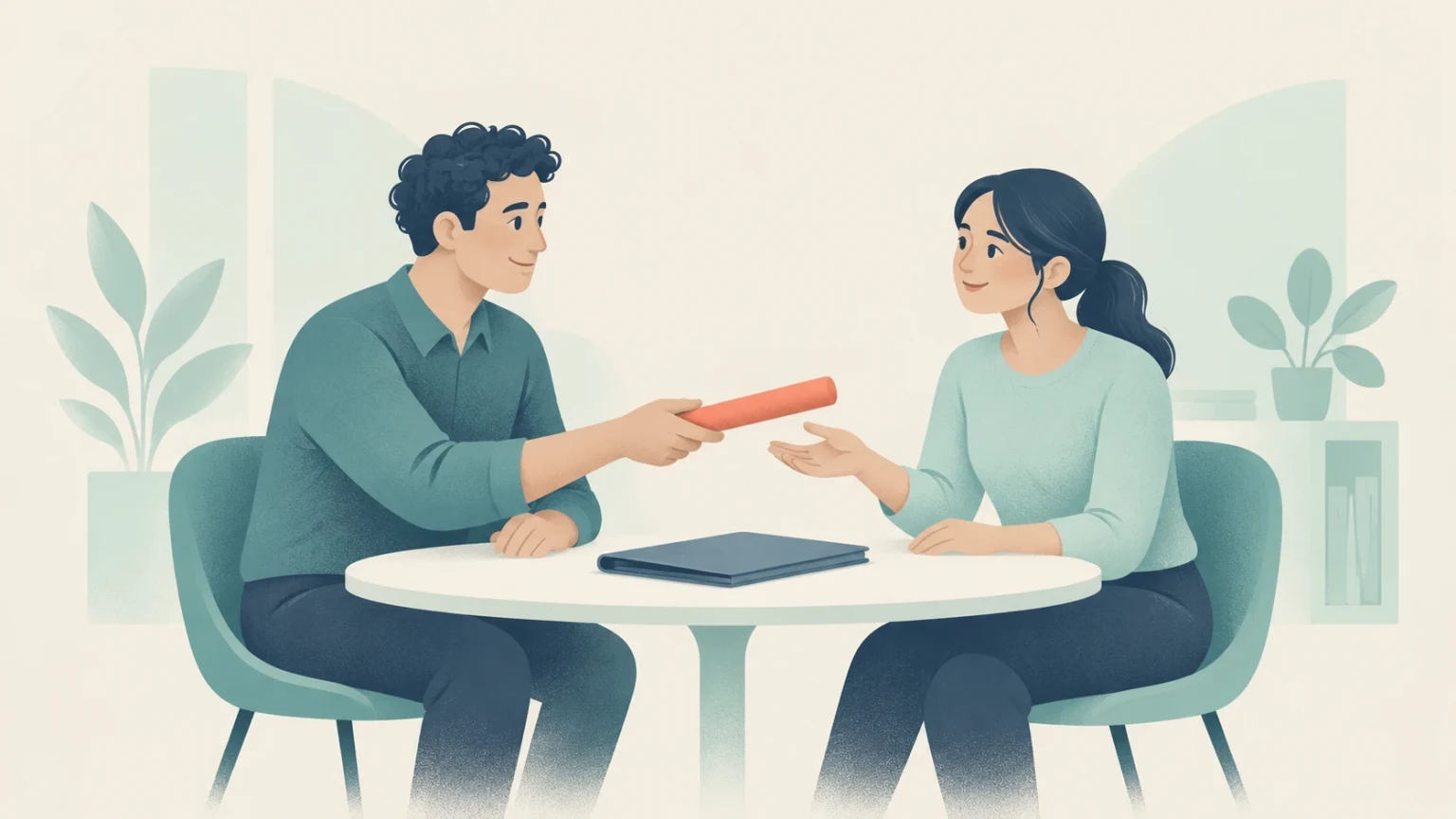 An editorial illustration of a man passing an orange relay baton to a woman across a modern office table.