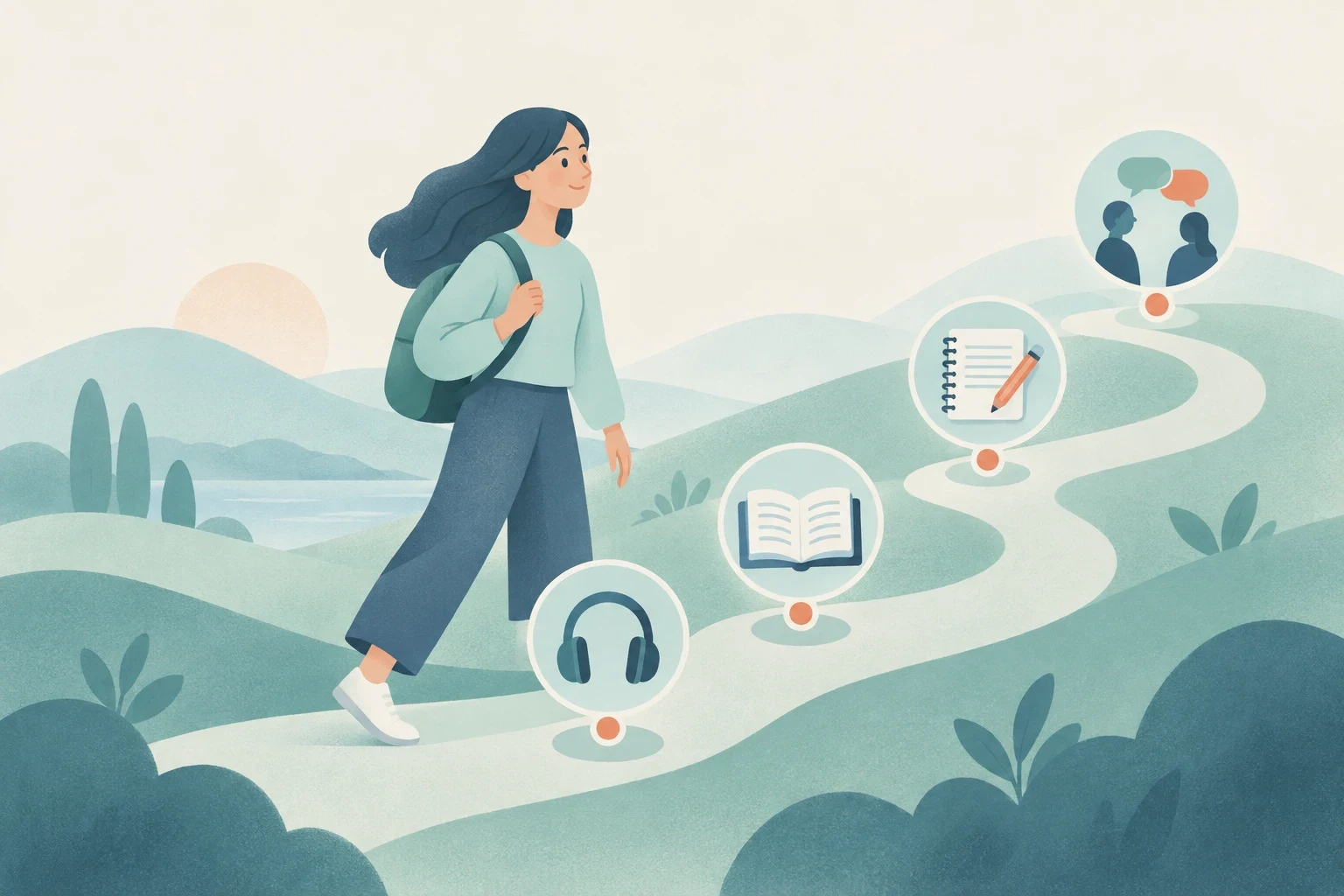 An editorial illustration of a student walking along a winding path with milestone icons for listening, reading, writing, and speaking.