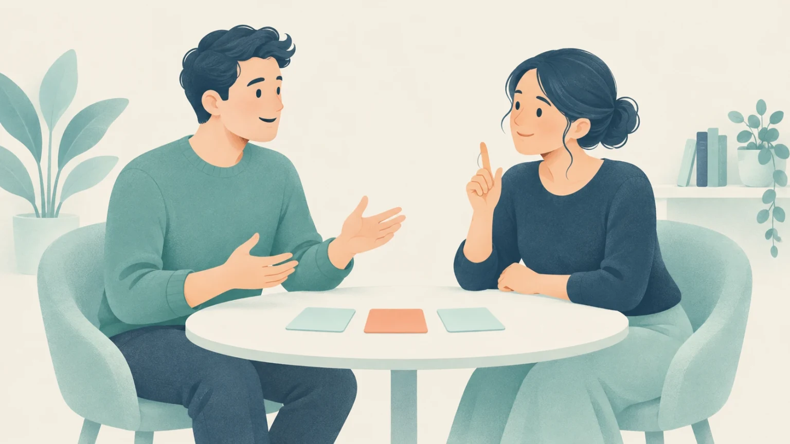 Editorial illustration of a man and woman practicing conversation at a table with speaking prompt cards.