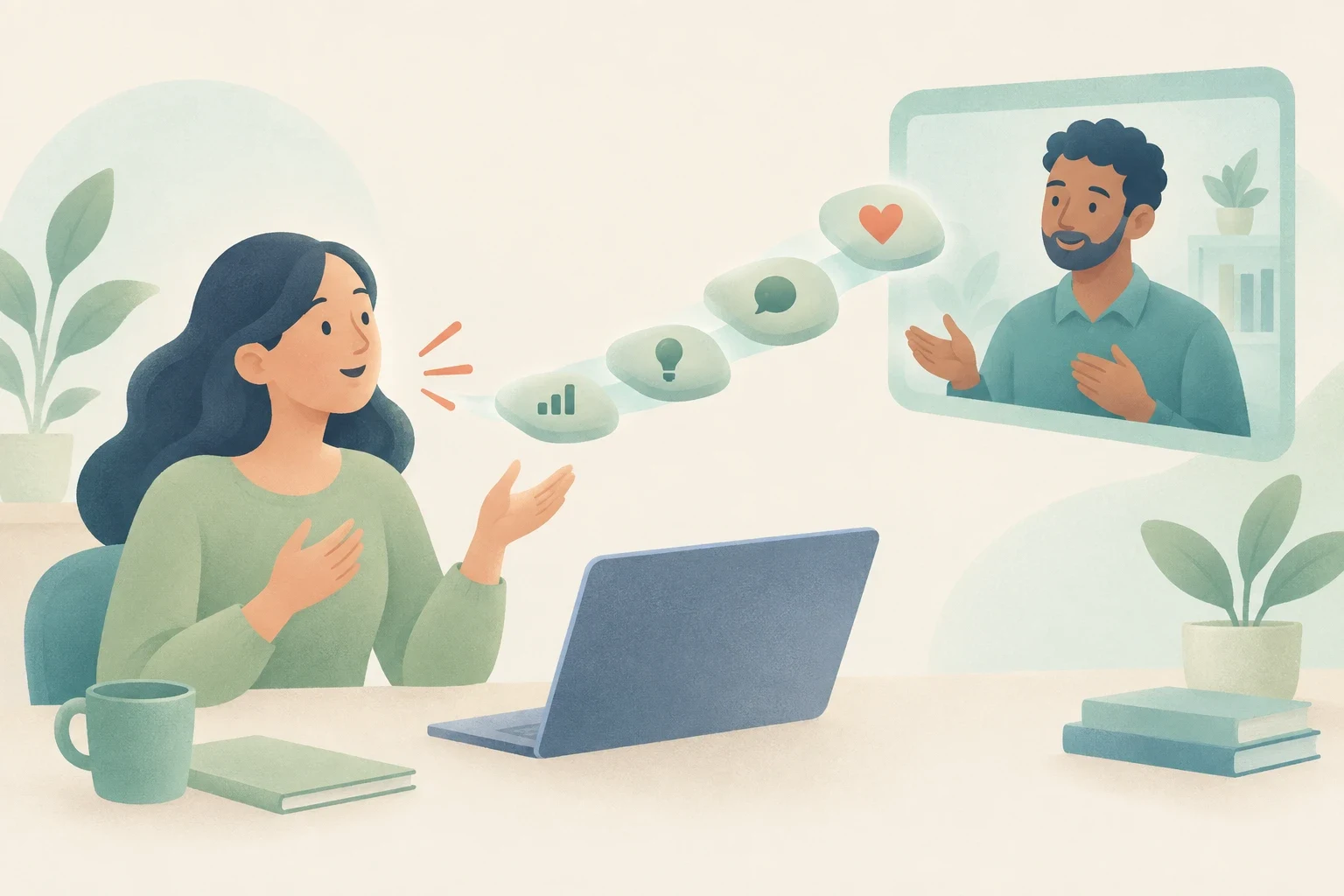 An editorial illustration of a student at a desk engaged in an online tutoring session with feedback icons floating between them.