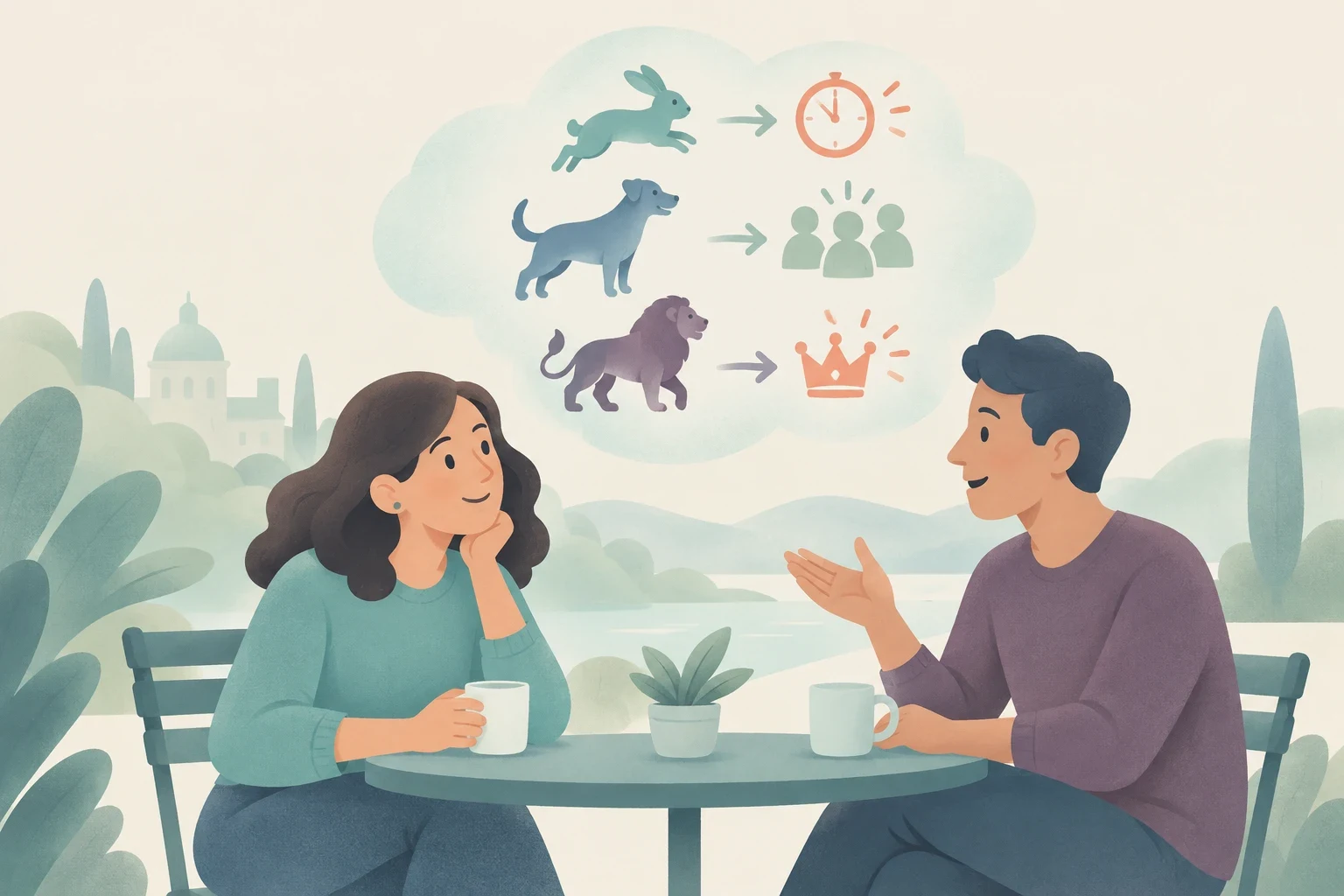 A man and a woman sit at an outdoor cafe table discussing animal idioms, illustrated in a thought bubble mapping a rabbit to a clock, a dog to people, and a lion to a crown.