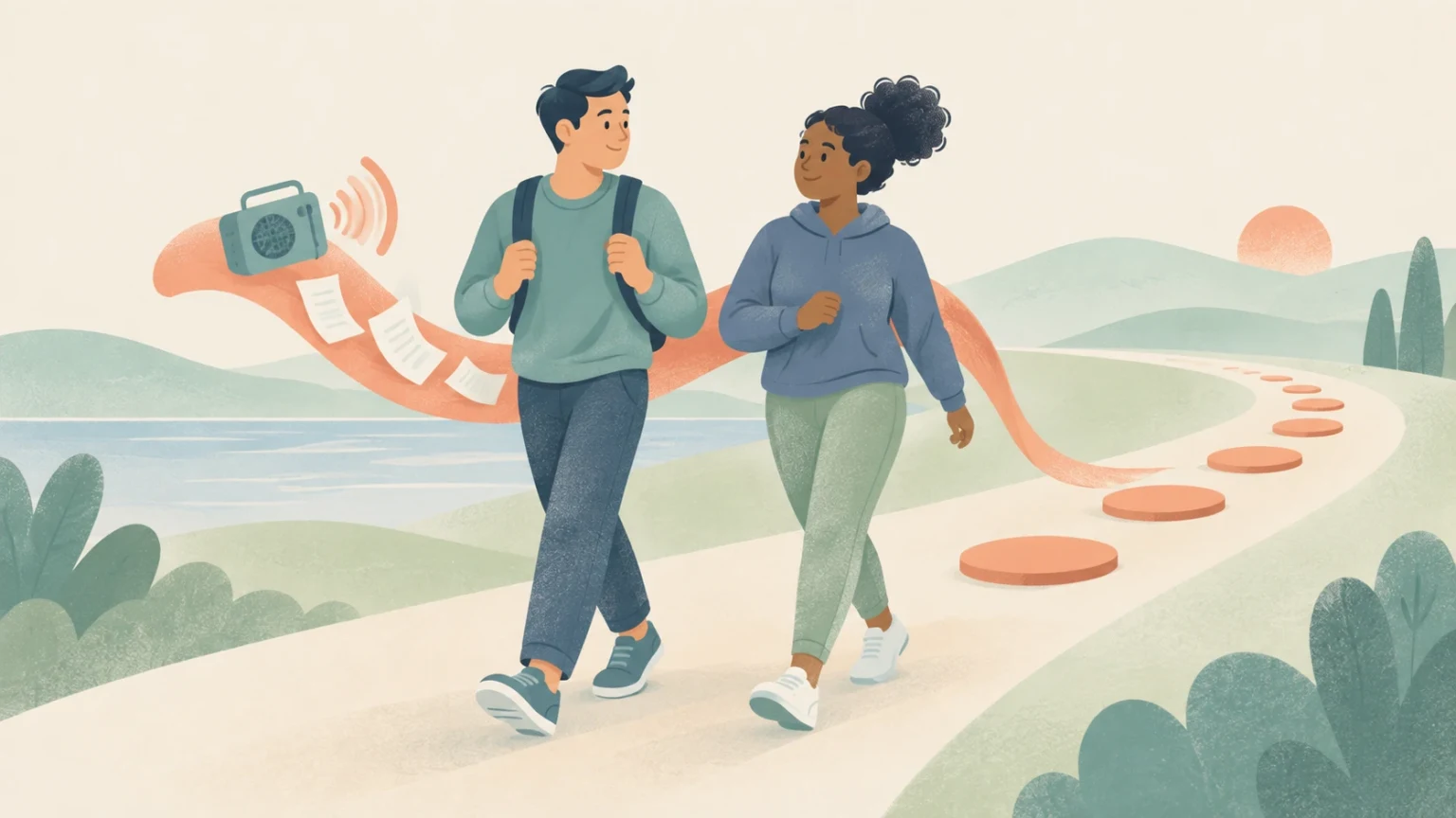 Two people walk side by side on a winding lakeside path, with orange stepping stones and a flowing ribbon carrying a radio and sheets of paper behind them.