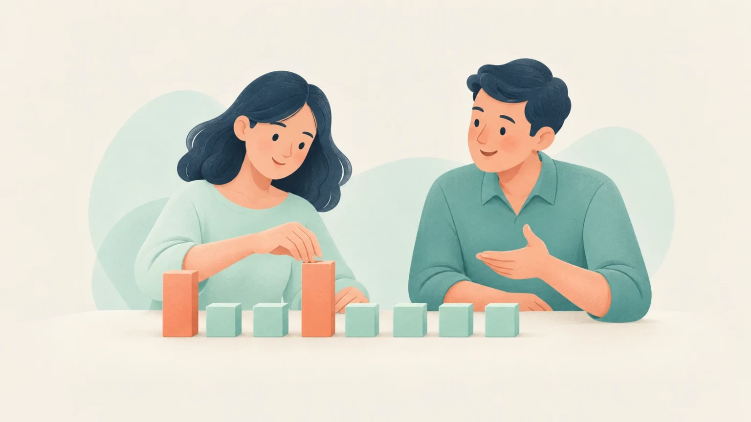 An editorial illustration of a woman and a man arranging tall orange blocks and shorter teal cubes in a row on a table.