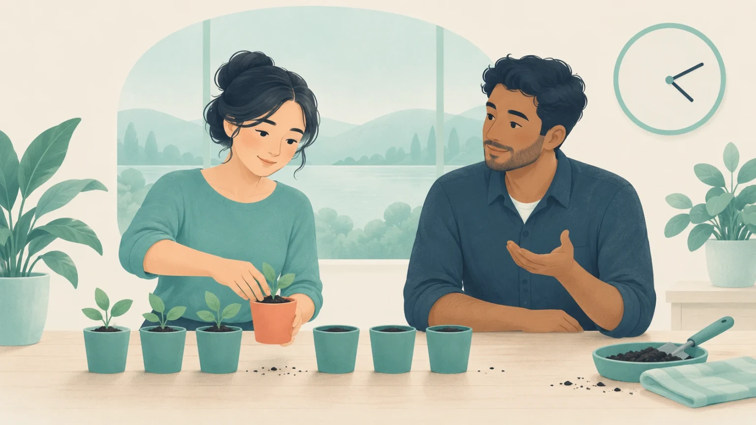 An editorial illustration of a woman potting plant seedlings at a table while a man beside her speaks, with a clock mounted on the wall.