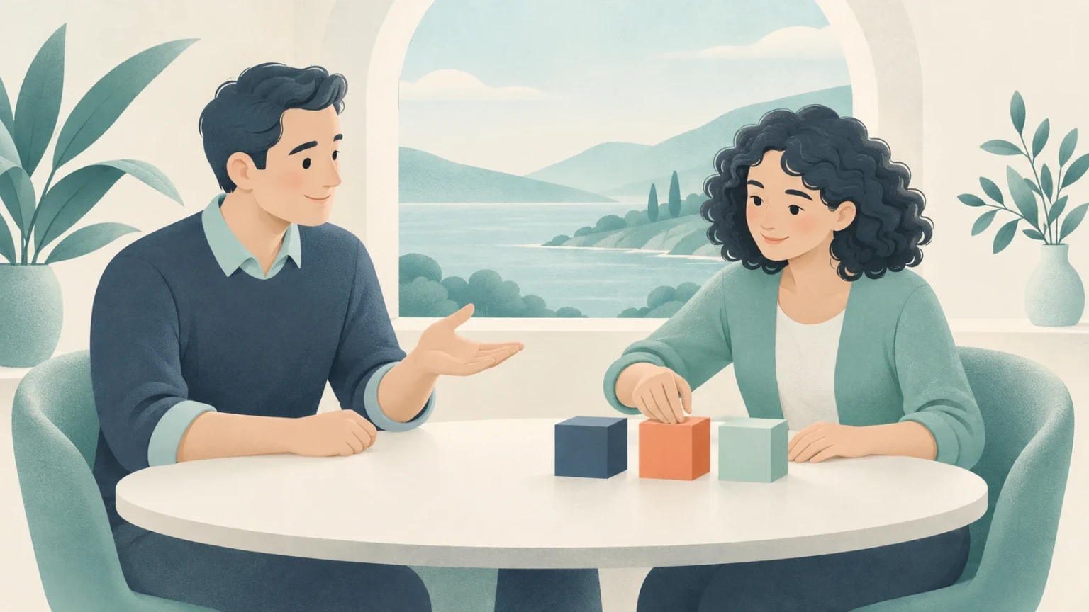 A man and a woman in a thoughtful discussion at a table with three colored blocks in front of an arched window overlooking hills and a lake.