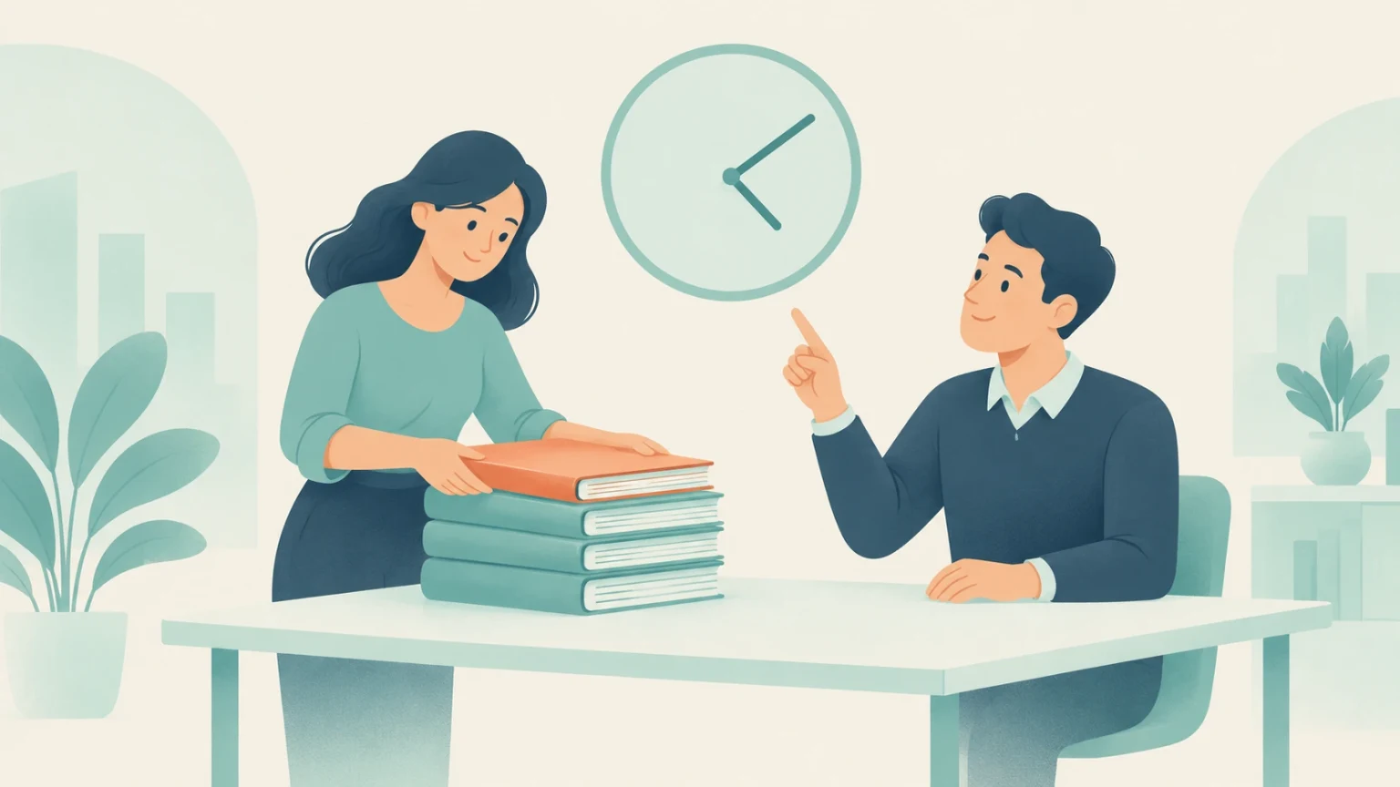 Editorial illustration of a woman stacking books on a desk while a man points to a wall clock.