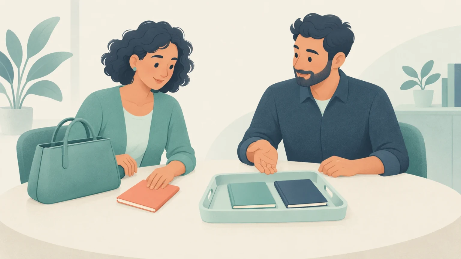 A man and a woman in an office setting sitting at a table with notebooks and a handbag.