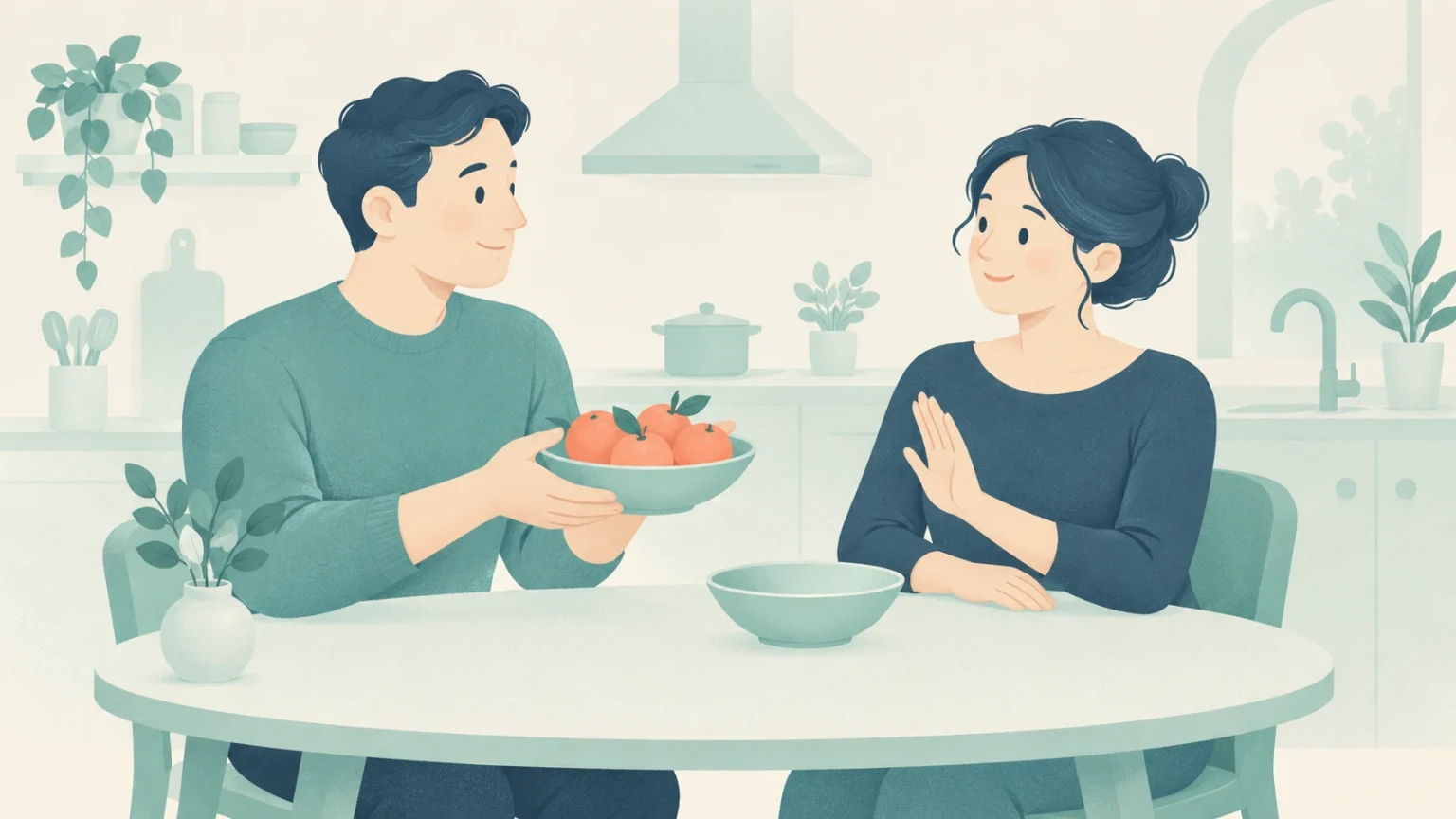 An editorial illustration of a man at a kitchen table offering a bowl of oranges to a woman who politely declines.