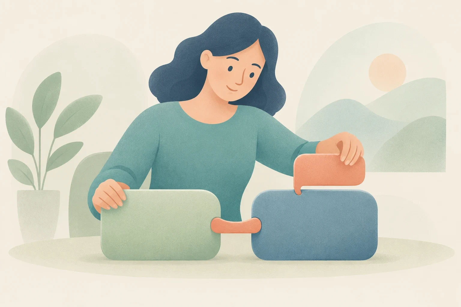 An editorial illustration of a woman assembling and connecting colorful speech bubble blocks on a table.