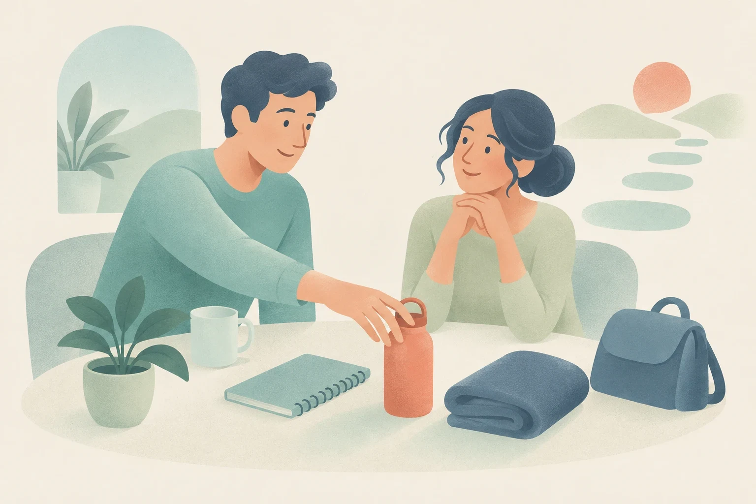 An editorial illustration of a man and a woman sitting at a table with a notebook and bag, as the man reaches for a water bottle.