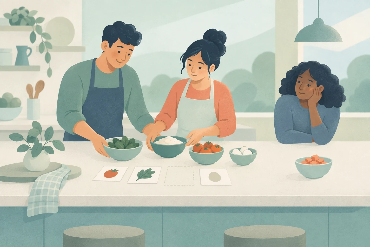 Two people prepare food with bowls and recipe cards including an omitted ingredient slot, while another person watches from the side.