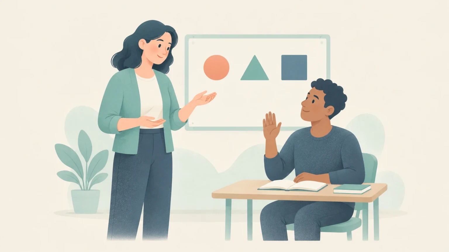 A teacher stands presenting by a whiteboard while a student sitting at a desk raises his hand.