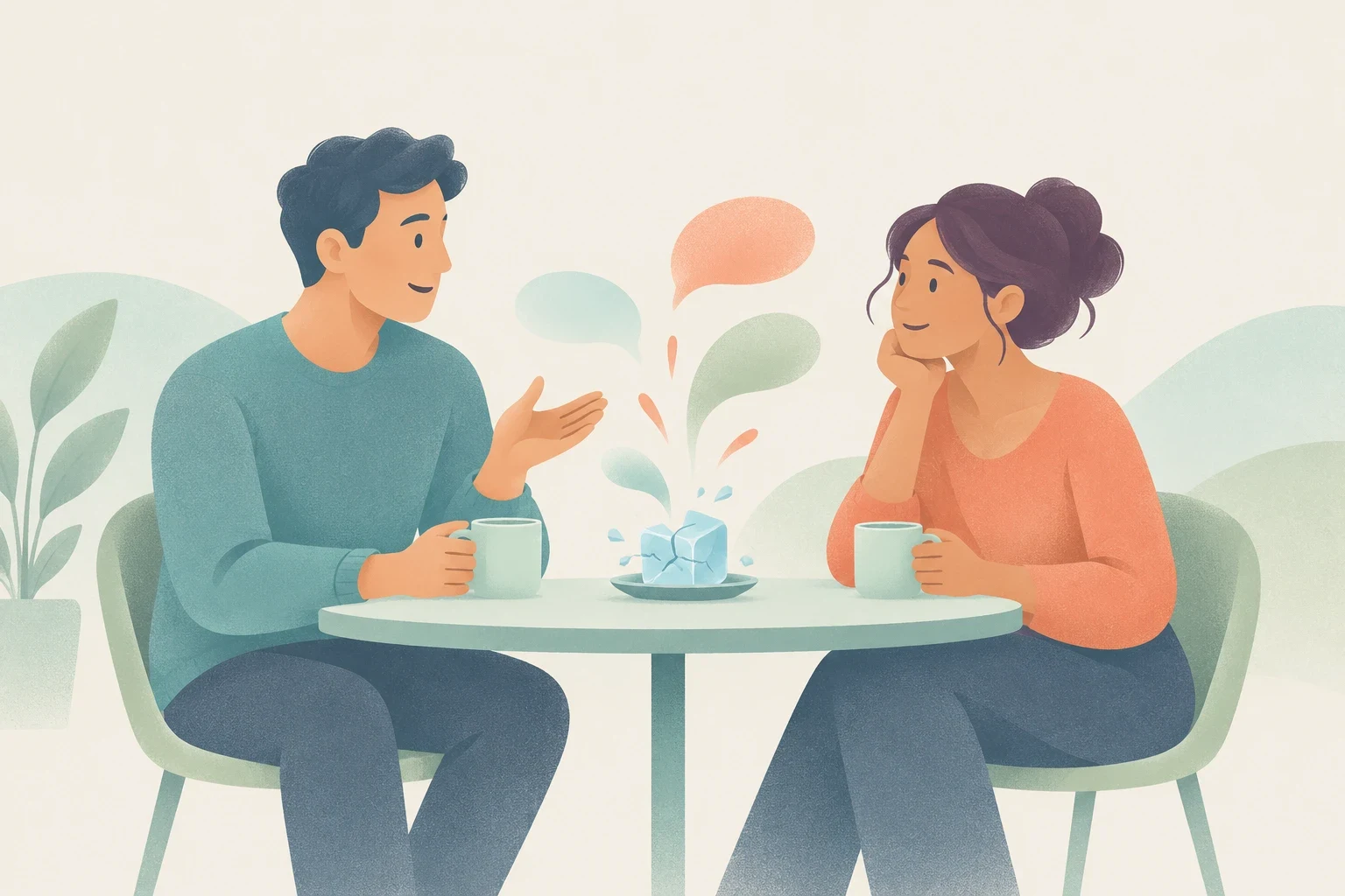 An editorial illustration of a man and woman conversing at a cafe table with mugs as an ice cube cracks between them, releasing speech bubbles.