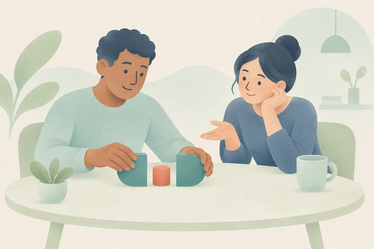 An editorial illustration of a man and a woman at a table assembling geometric blocks.