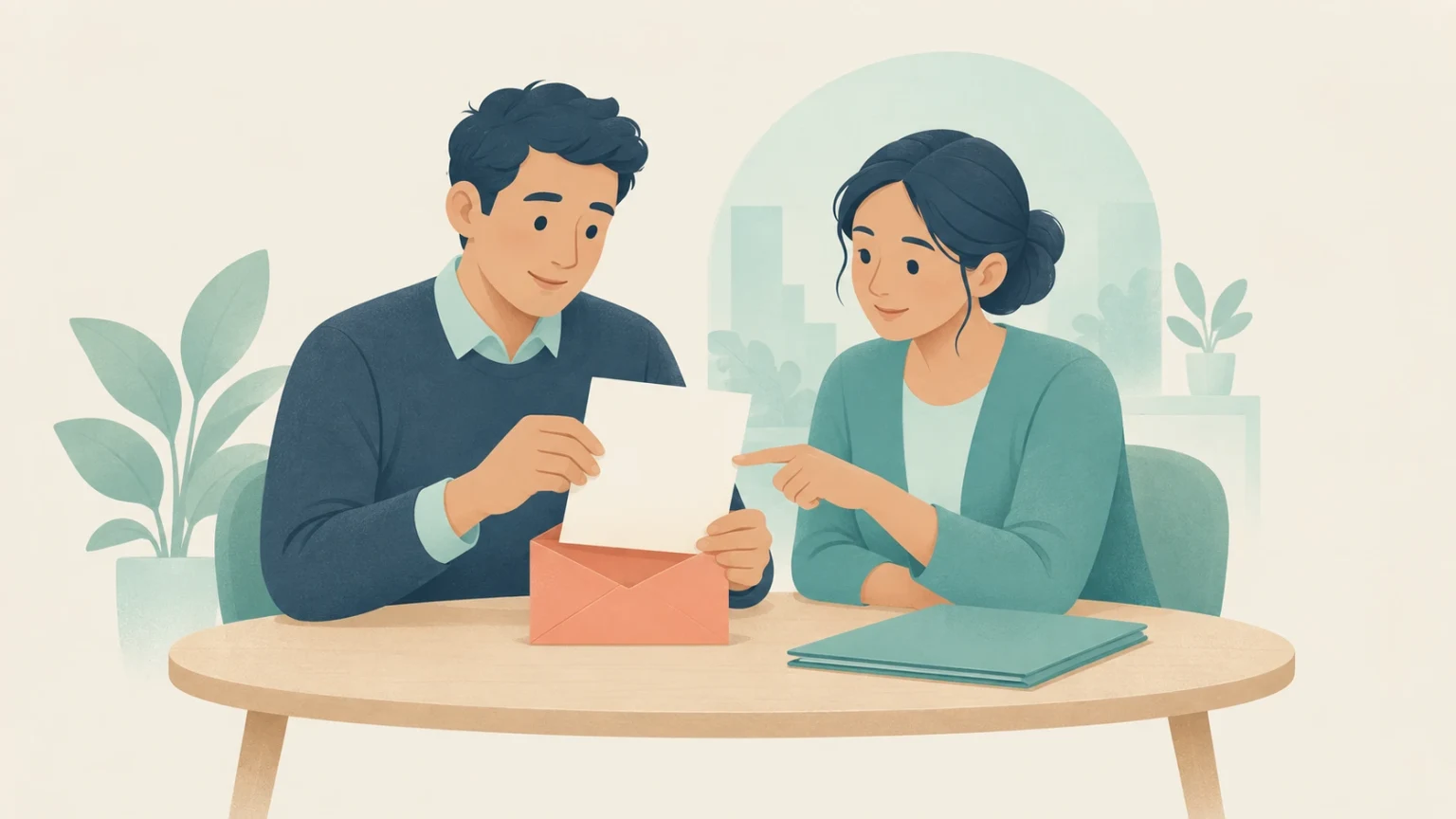 A man and a woman sit at a round table reviewing a document pulled from an envelope in a modern office.