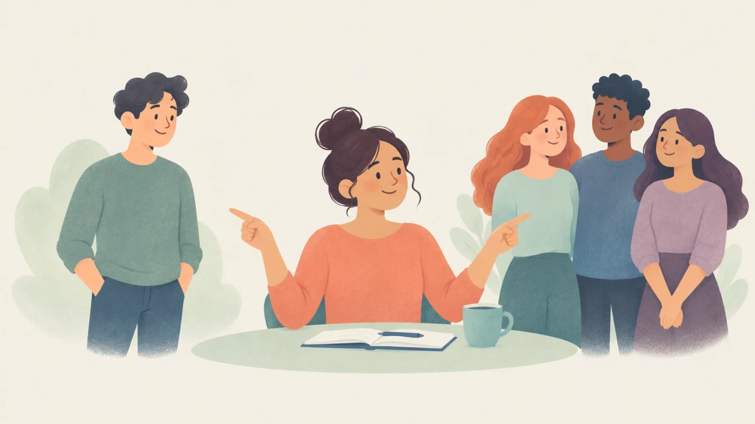 A woman seated at a desk points to an individual on the left and a small group of three people on the right.