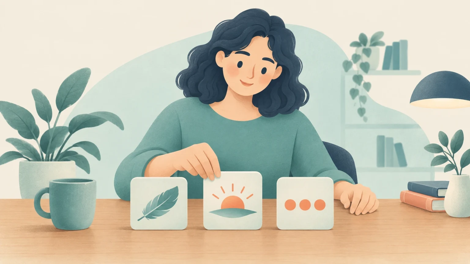 A woman at a desk arranging cards displaying a feather, a sunrise, and three dots representing manner, time, and frequency.