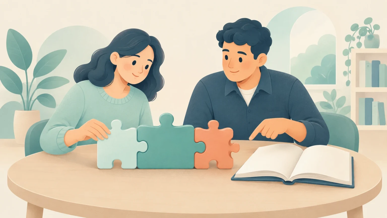 A woman and a man sit at a table assembling three interlocking puzzle pieces beside an open book.