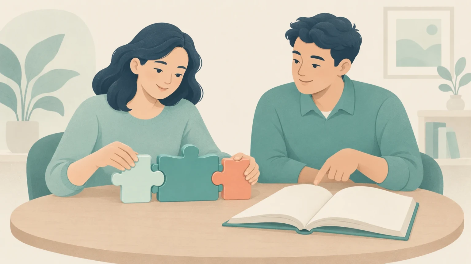 A woman and a man sit at a wooden table assembling three colorful interlocking puzzle pieces beside an open book.
