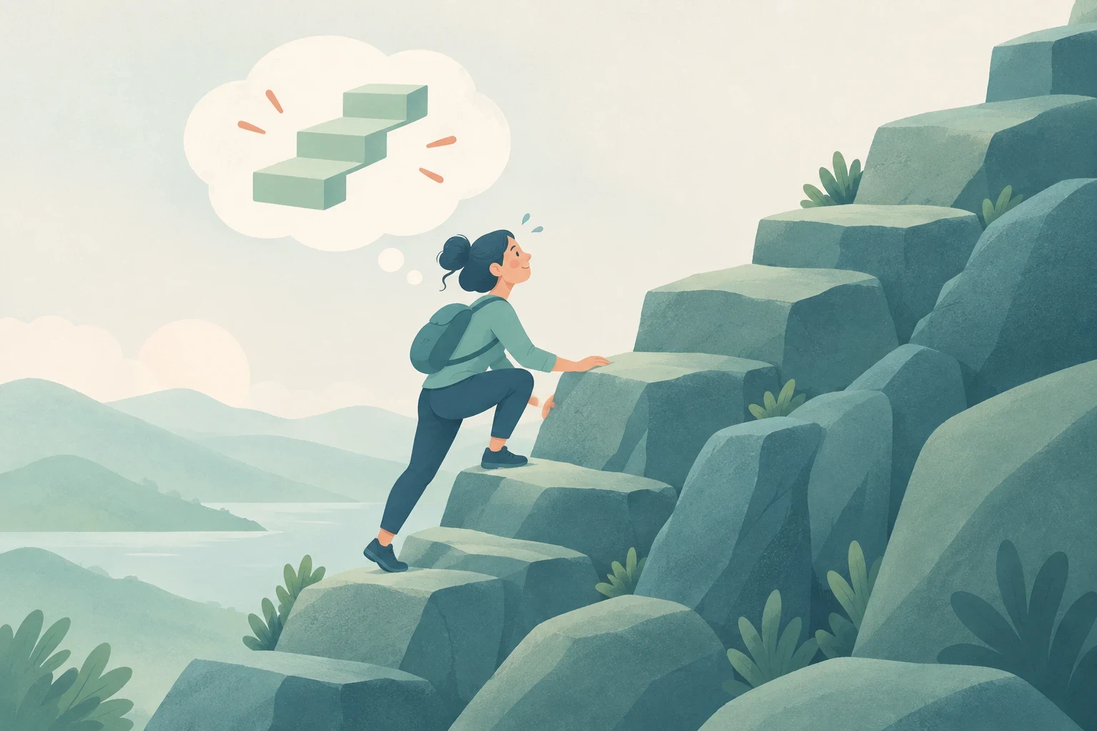 A hiker climbs steep, towering rock steps while envisioning a simple staircase in a thought bubble.