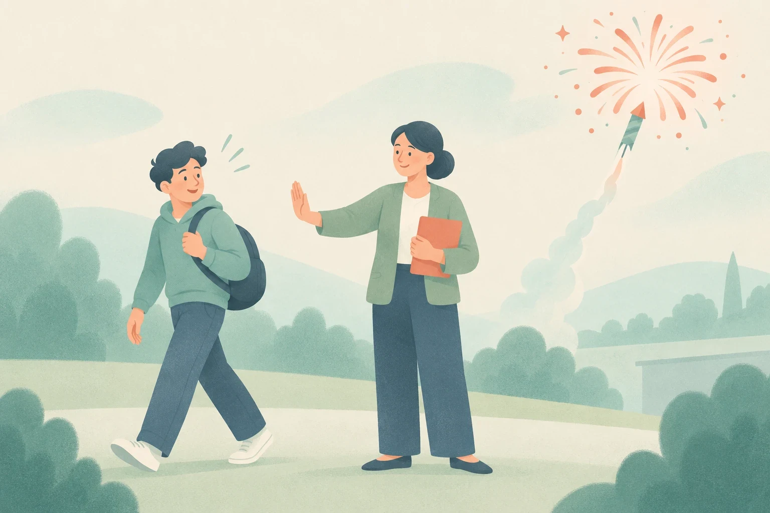 A smiling adult holding a book raises an open hand toward a student with a backpack, while a firework rocket bursts overhead in a softly illustrated park.