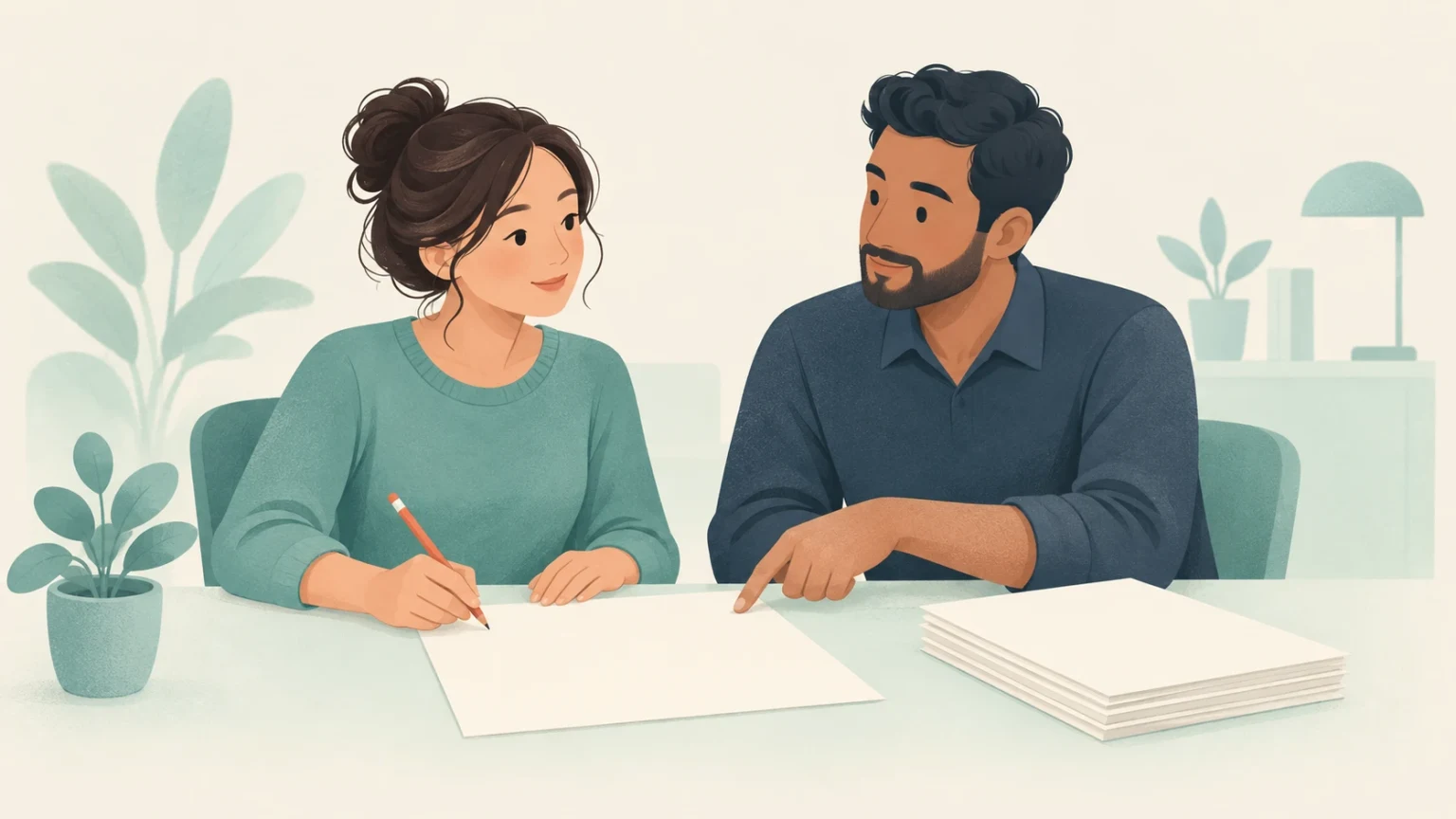 An editorial illustration of a woman writing on a paper while a man points to it at an office desk.