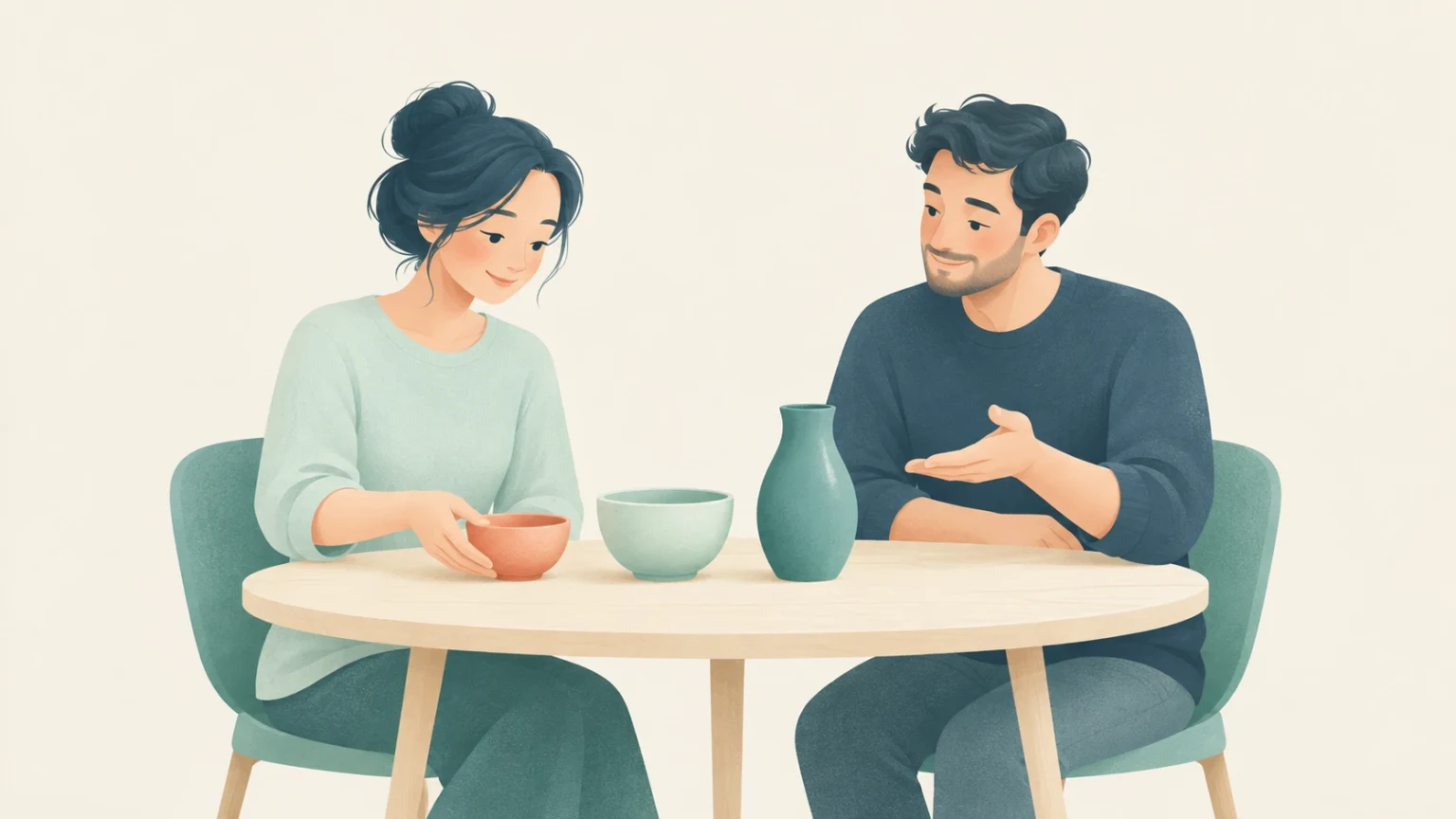 A man and a woman sit at a round table with three ceramic vessels in different colors, sizes, and shapes, gesturing as they discuss them.