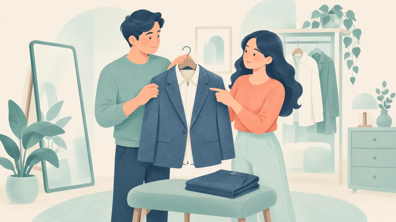 An editorial illustration of a man and a woman in a stylish room selecting a navy suit jacket and collared shirt on a hanger for a professional outfit.