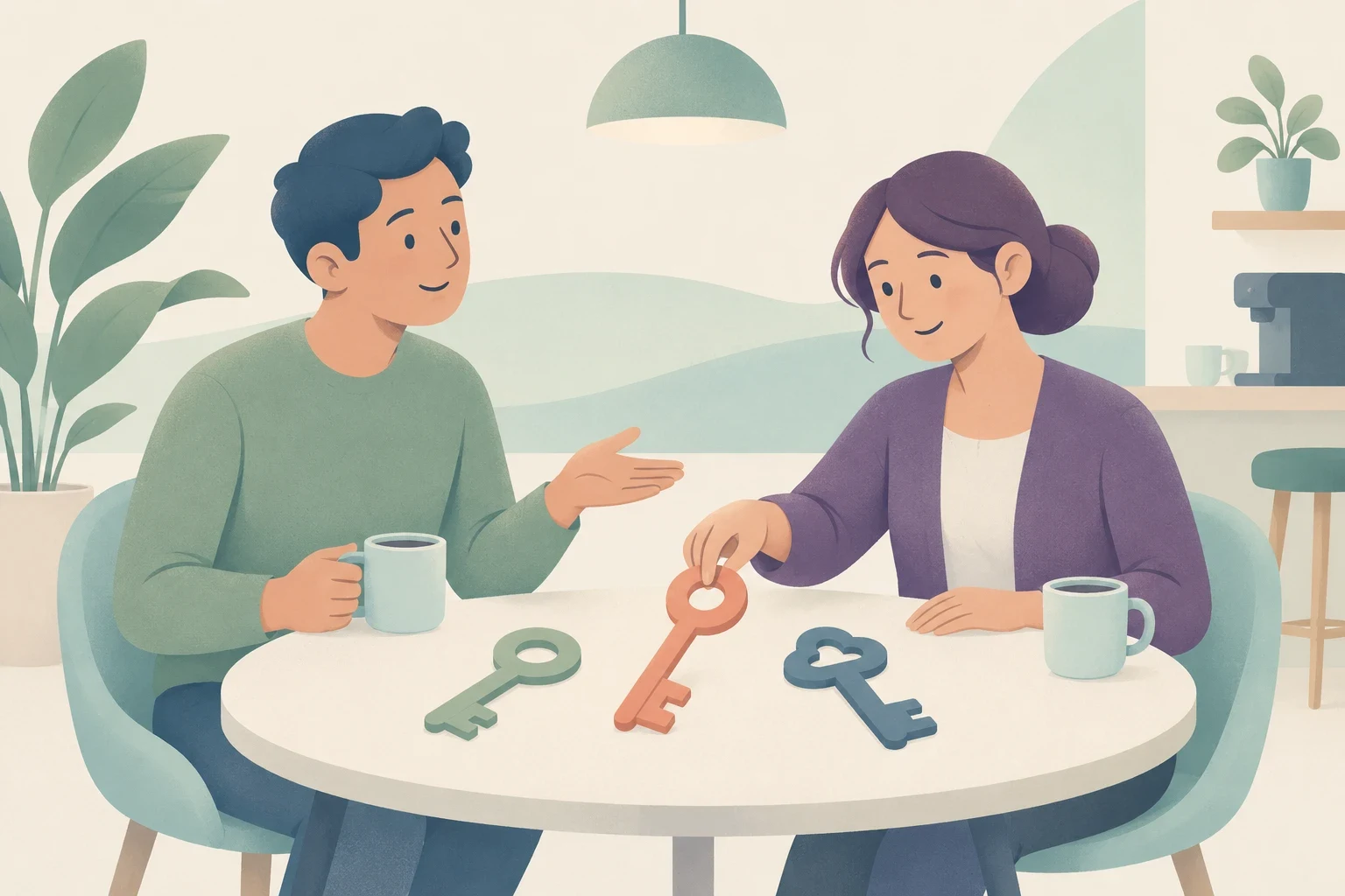 A man and a woman sit at a round table with coffee mugs while the woman chooses one of three colorful keys.