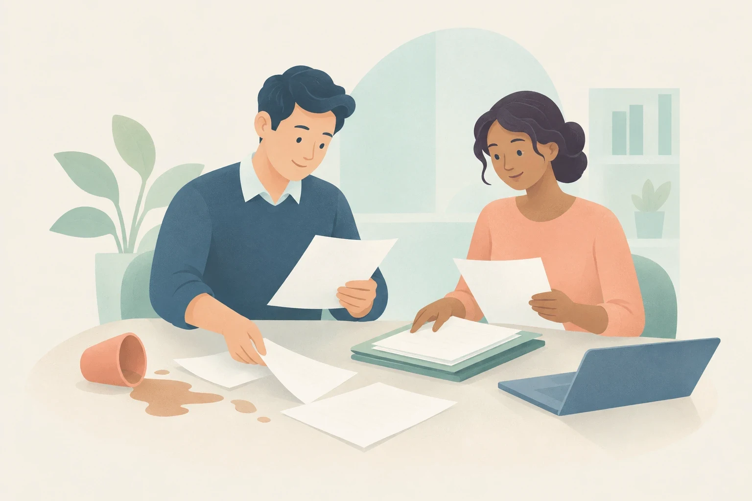 A man and a woman work calmly at an office table covered with documents beside a spilled cup of coffee.