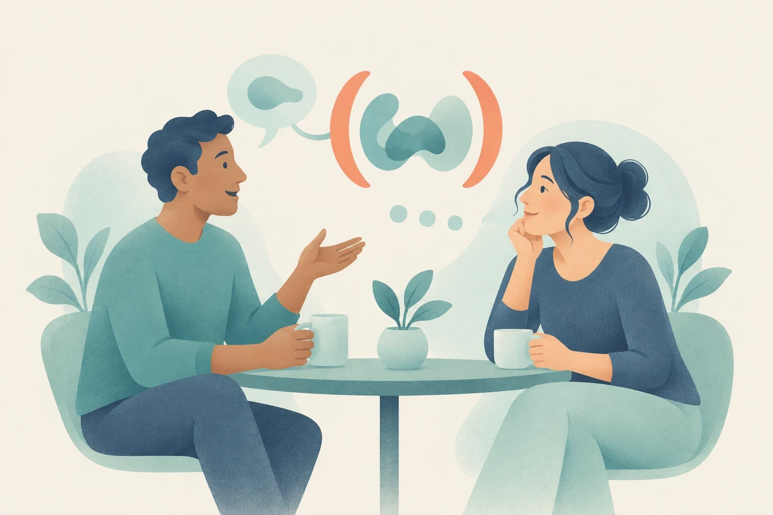 An editorial illustration of a man and woman conversing at a cafe table with mugs, accompanied by speech bubbles and quotation punctuation marks.