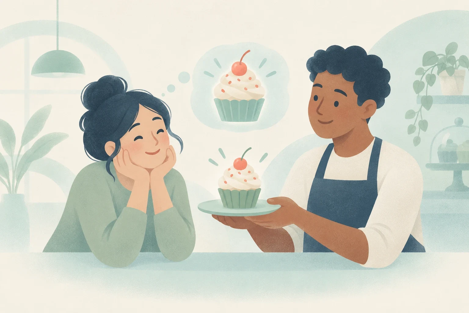 A smiling woman imagines a cherry-topped cupcake while an apron-wearing man presents a matching cupcake on a plate in a softly illustrated kitchen.