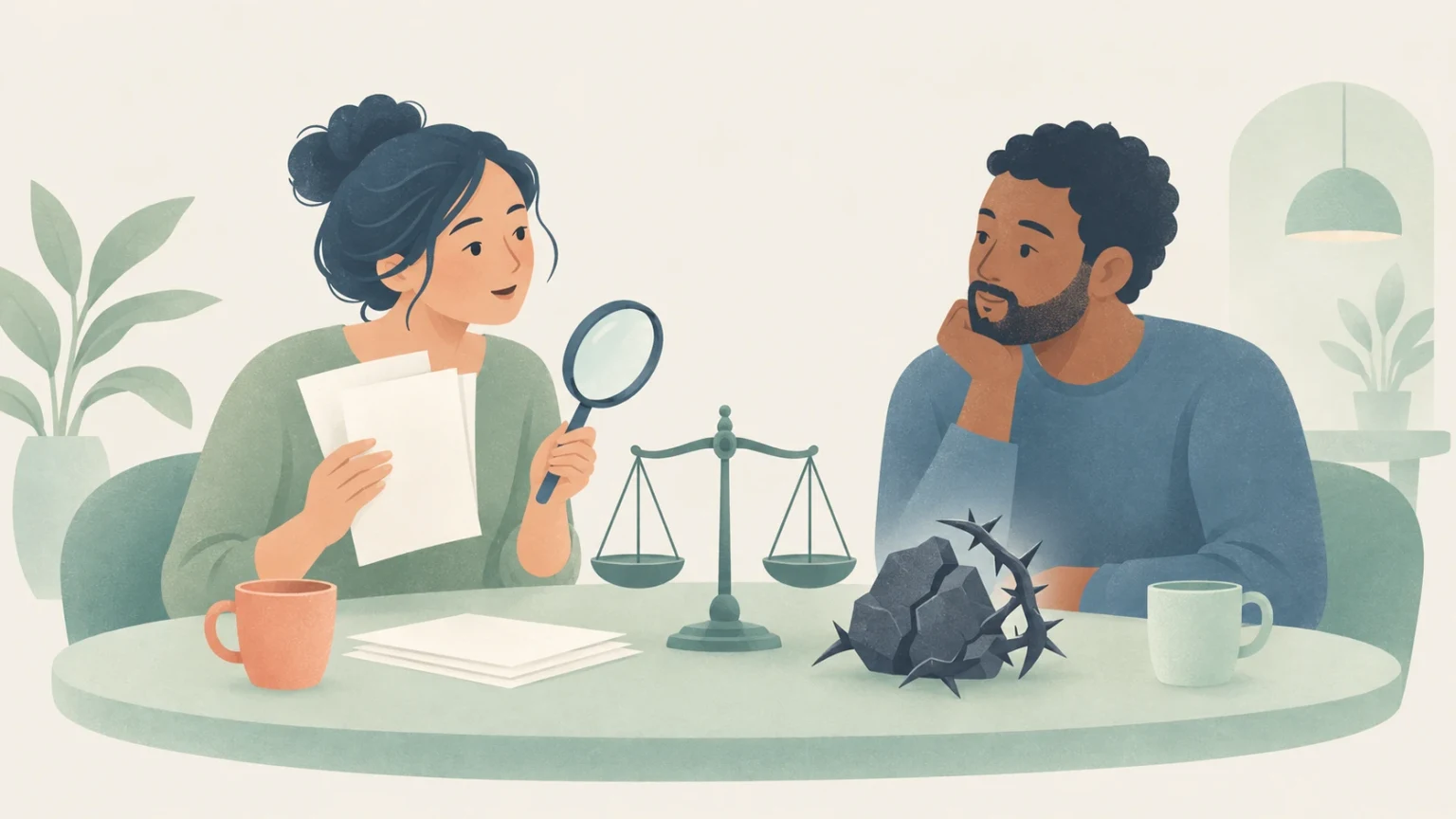 A woman and a man sit at a round table examining documents with a magnifying glass and a balance scale, having a thoughtful discussion.