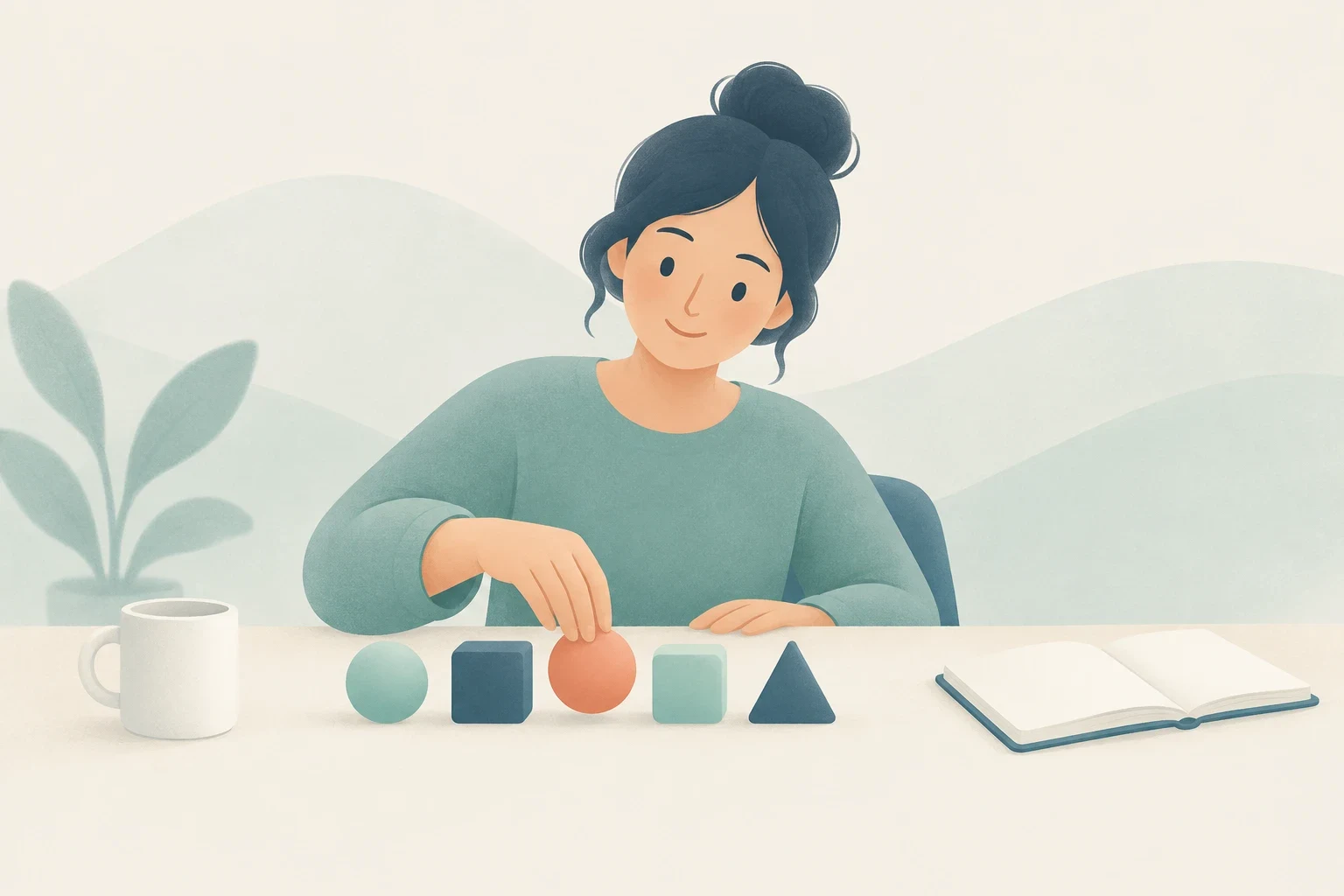 An editorial illustration of a woman sitting at a desk carefully arranging colorful geometric blocks in a row next to an open notebook.