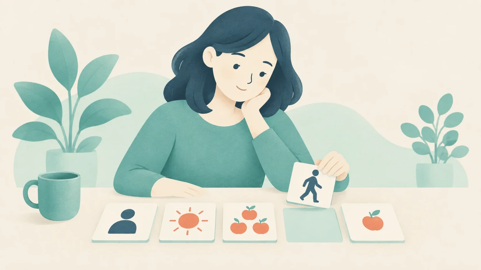 An editorial illustration of a woman at a desk arranging cards displaying symbols including a person, sun, apples, and a walking figure.