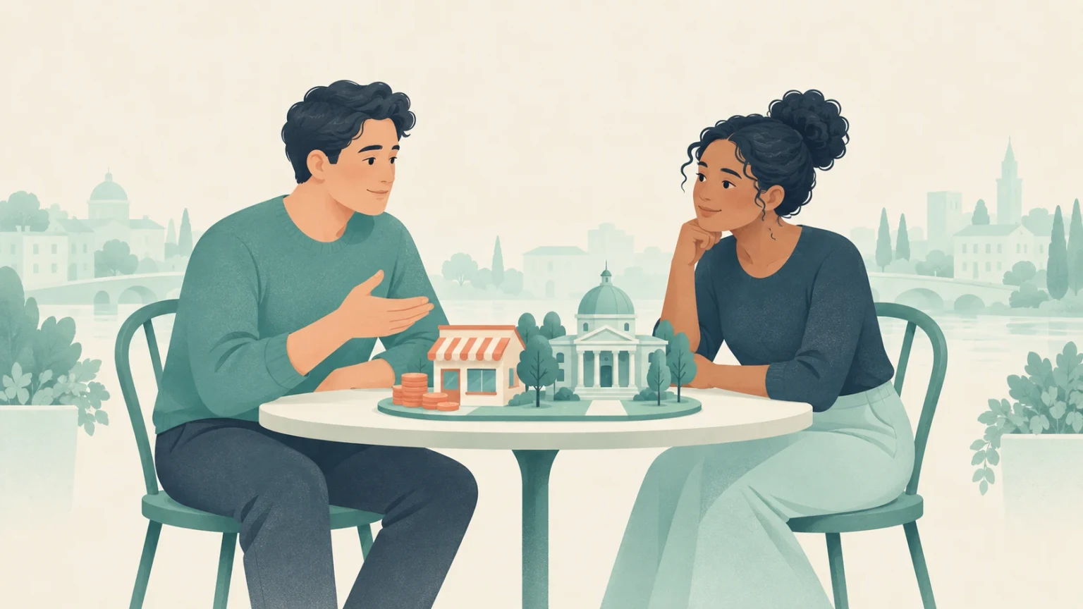 A man and a woman sit at a table discussing economic systems, with miniature models of a storefront, a stack of coins, and a domed civic building between them.