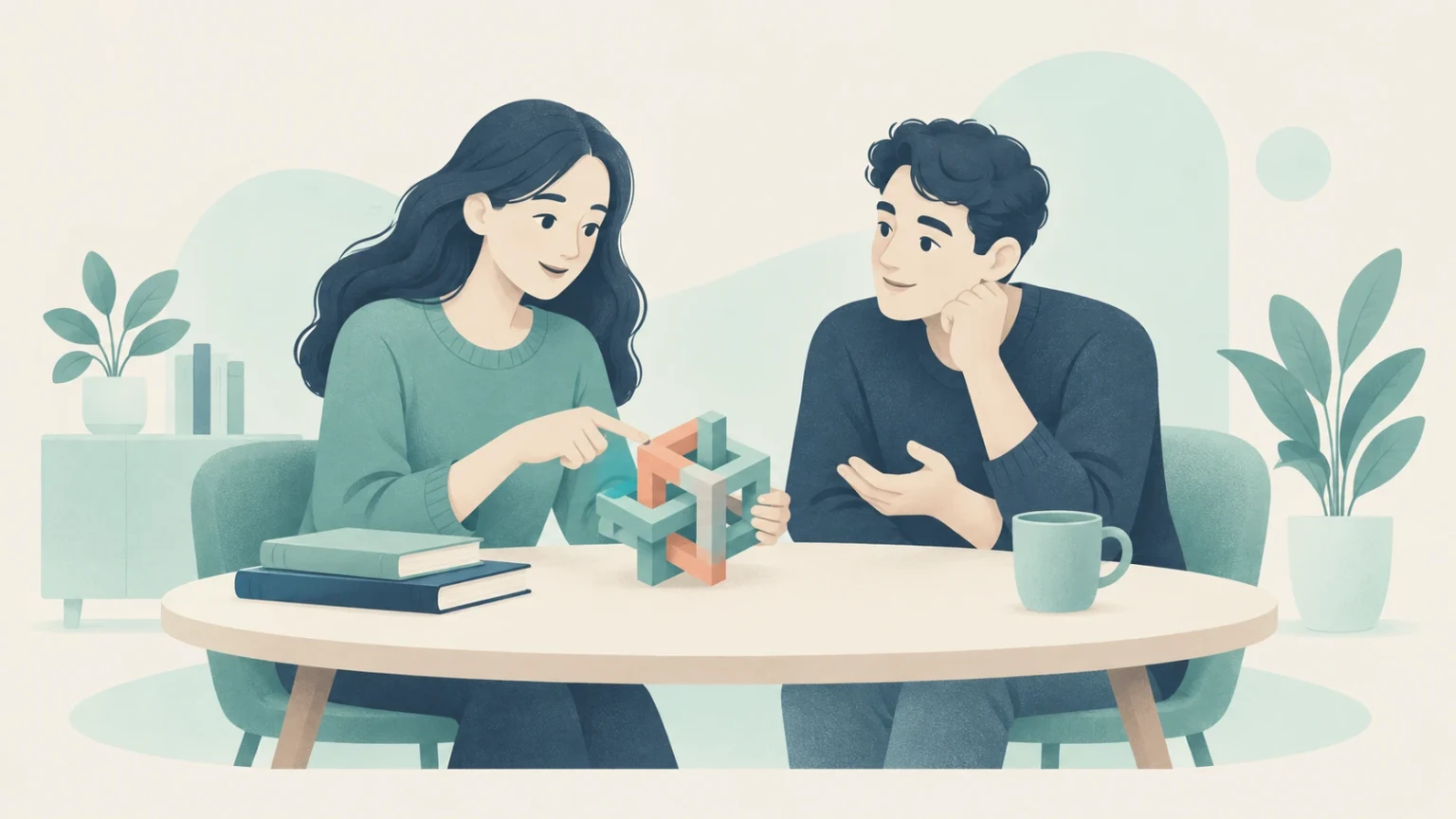 An editorial illustration of a woman explaining an intricate geometric puzzle on a table to an attentive man.