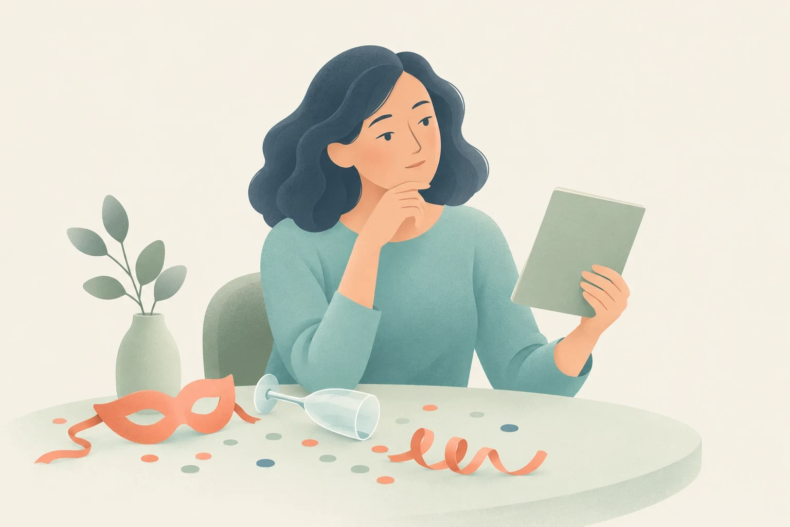 A woman thoughtfully looking at a book at a table with a masquerade mask, overturned wine glass, and confetti.