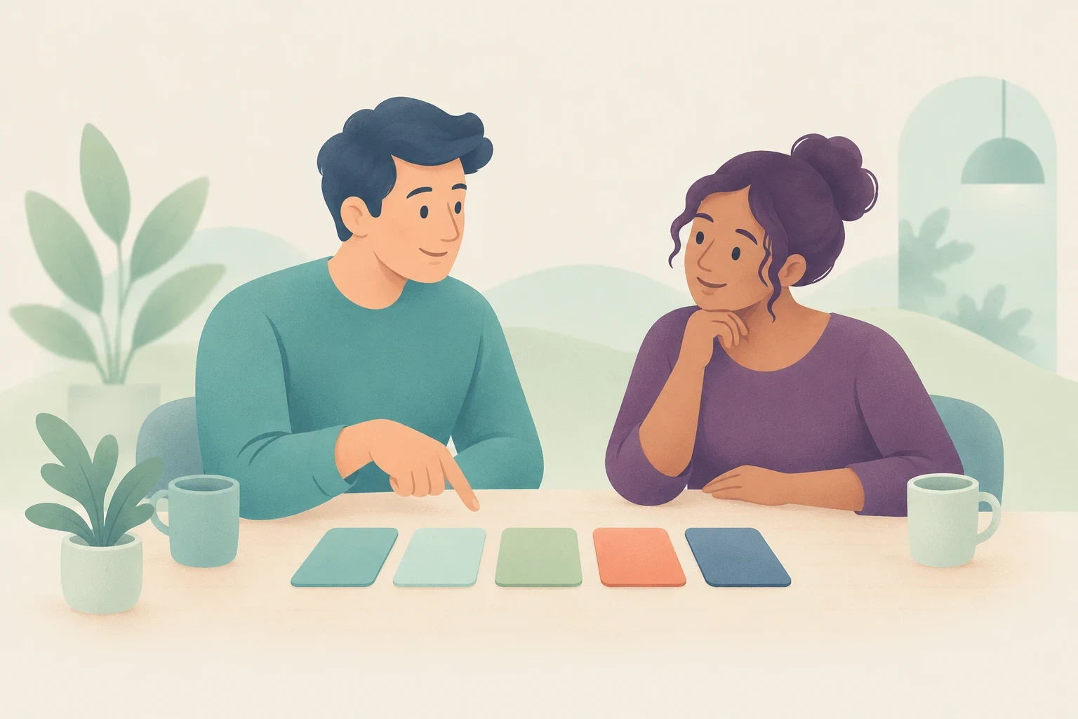 A man and a woman sit at a table with coffee mugs, reviewing five colorful cards laid out before them.
