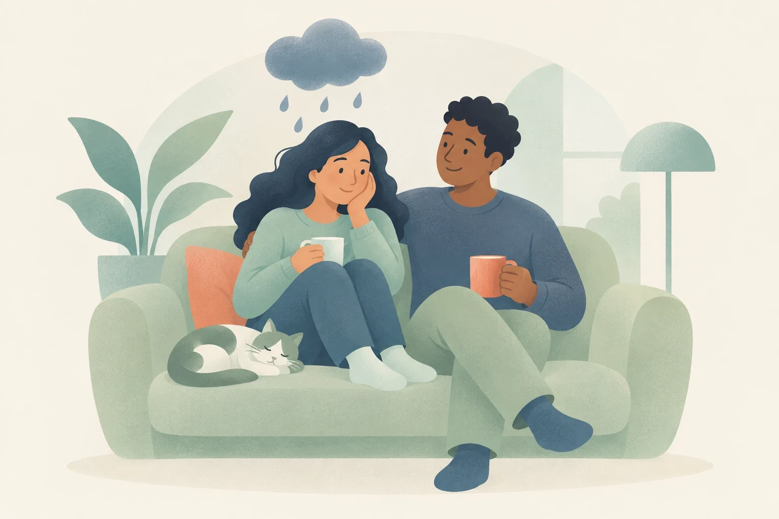 Two people holding mugs sit together on a pale green sofa with a sleeping cat. A small rain cloud floats above one person as the other offers comfort.