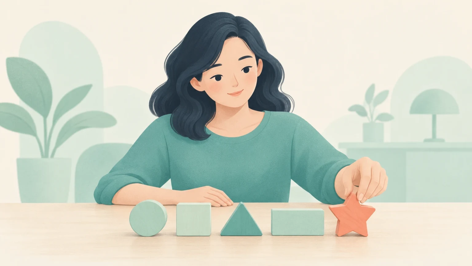 A woman sits at a table arranging colorful wooden geometric blocks in a neat row.
