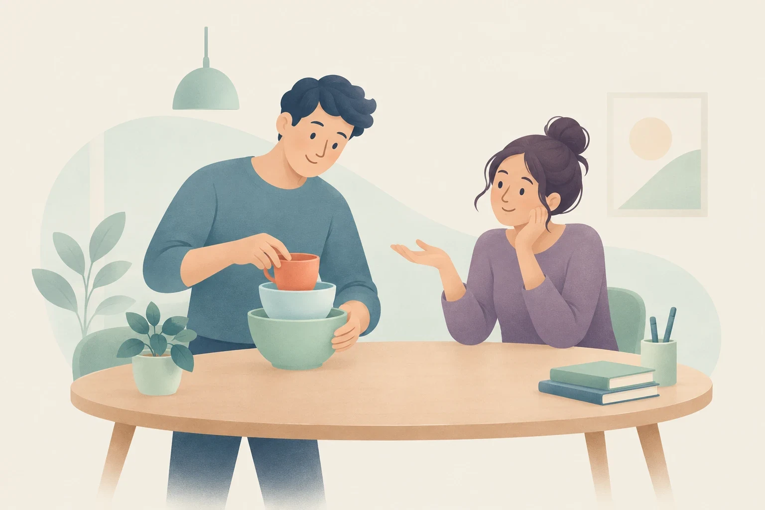 A woman seated at a wooden table gestures while speaking with a man who is stacking cups and bowls.