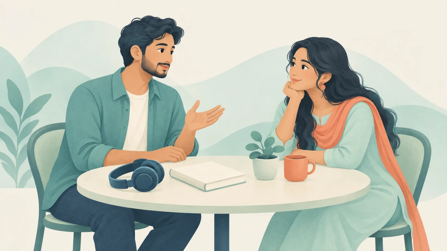 An editorial illustration of a young South Asian man and woman seated at a table talking, with headphones, a book, and a mug between them.