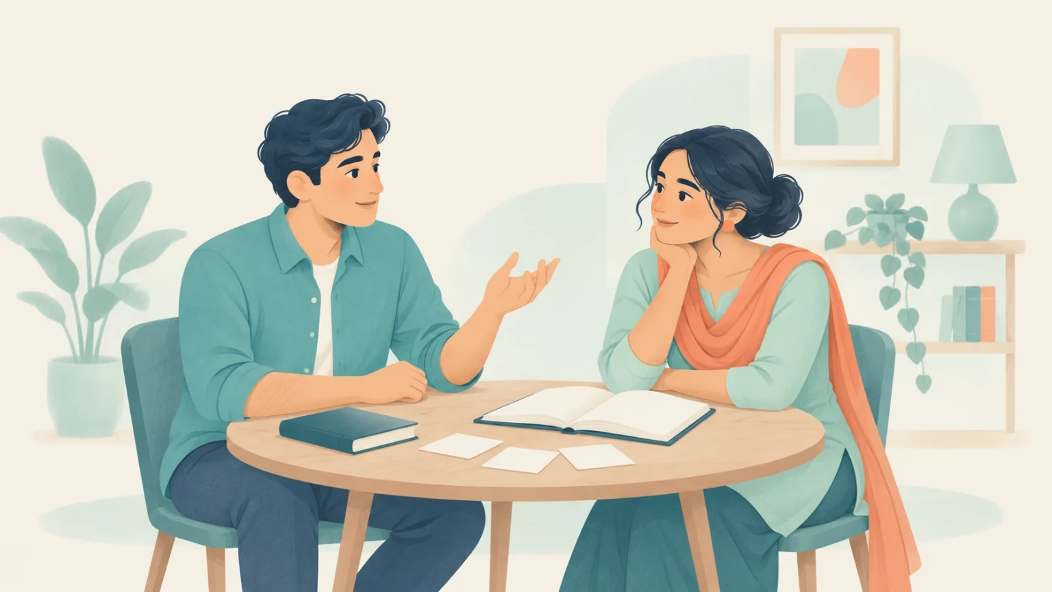 A man and a woman sitting at a table with books and flashcards, practicing conversation.