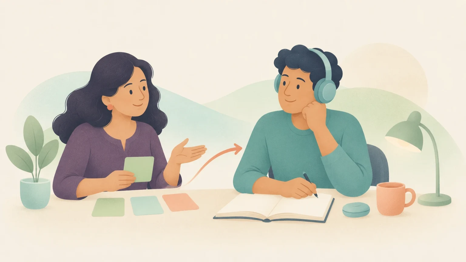An editorial illustration of a woman organizing study cards at a desk while a man wearing headphones listens and writes in a notebook.
