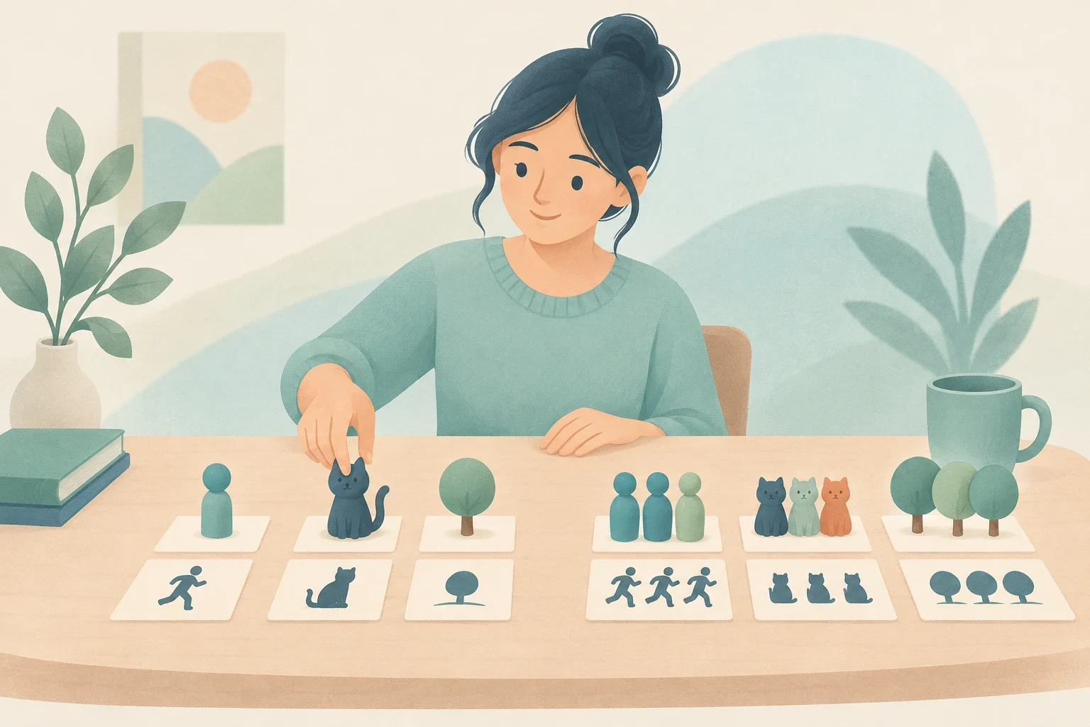 A woman at a desk arranges wooden figurines and cards showing singular and plural people, cats, and trees.