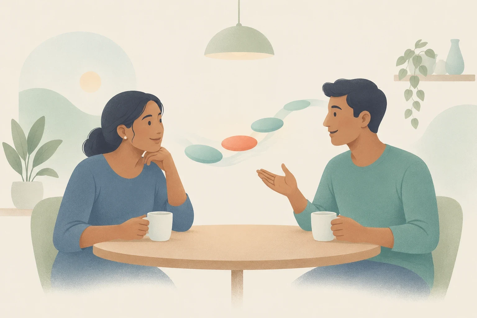 A man and a woman sit at a round table conversing over warm drinks, with floating colorful discs between them representing spoken word groups.