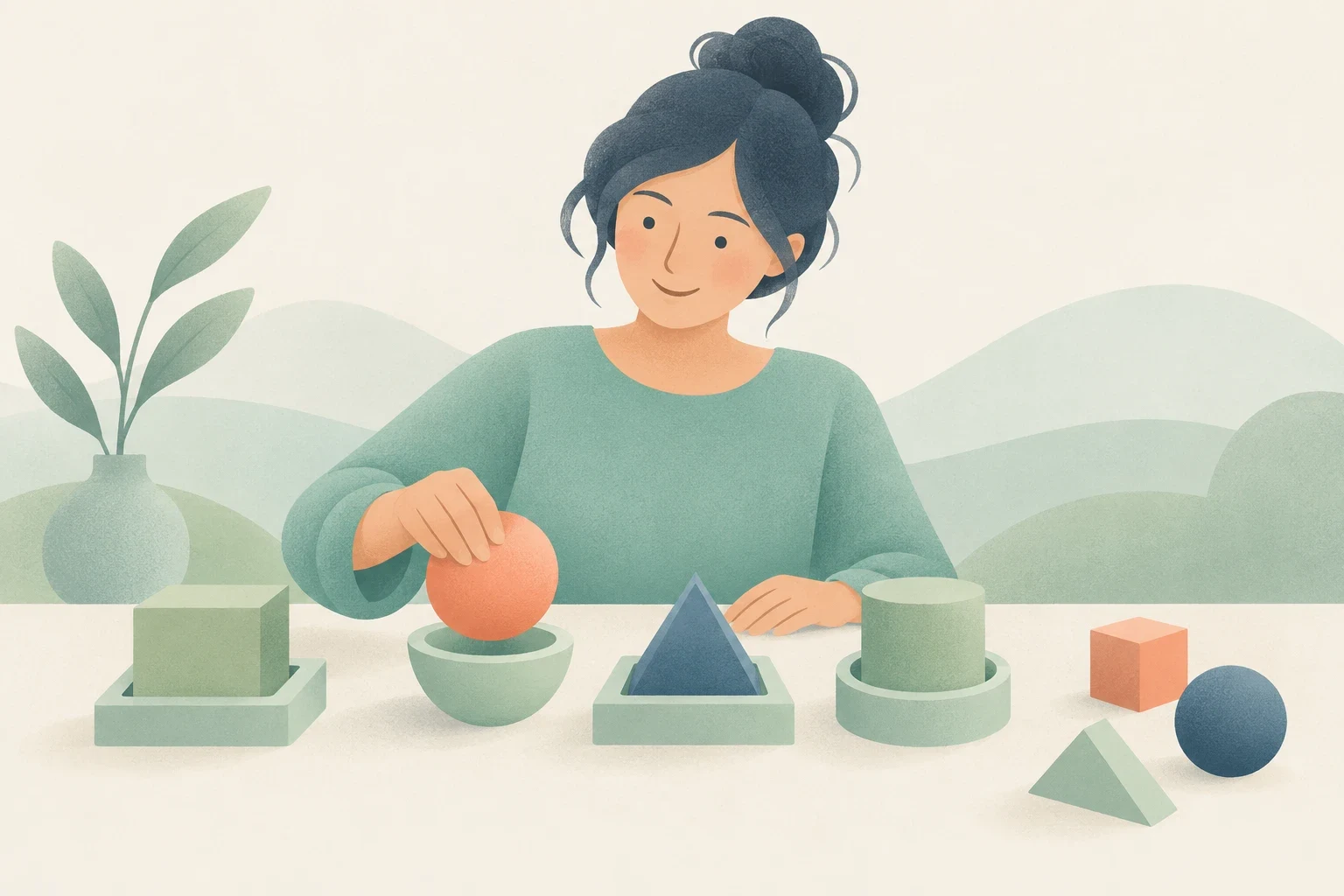 A woman placing colorful geometric shapes into matching bases on a table.