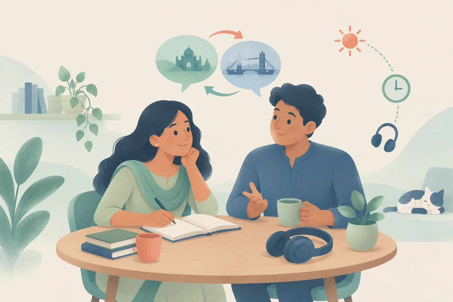 An editorial illustration of a woman and man studying languages at a table with speech bubbles showing Indian and London landmarks.