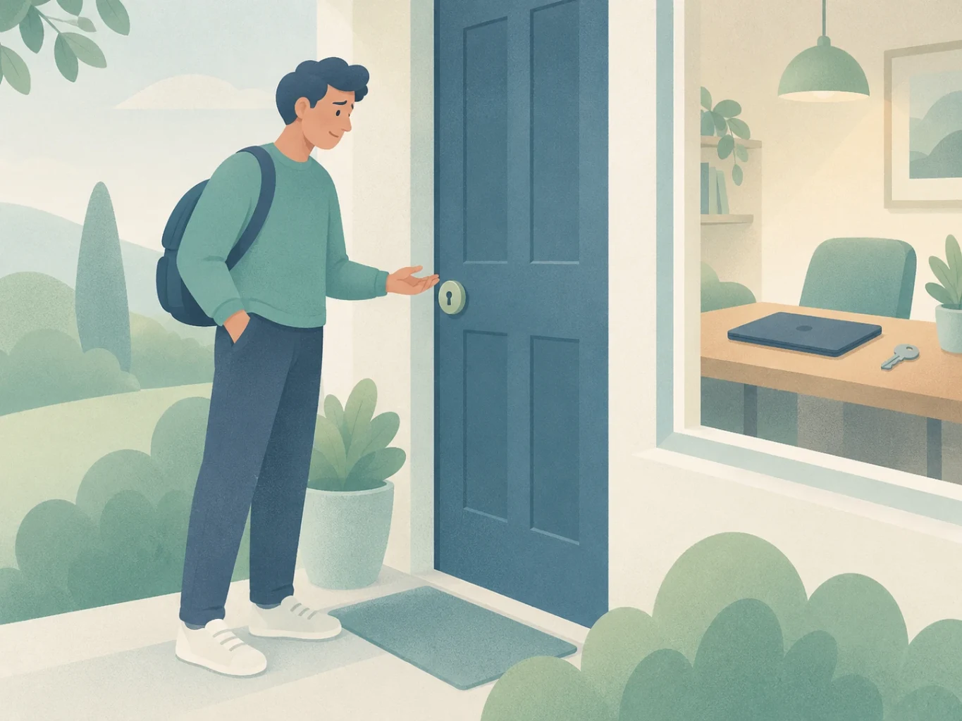 A young man with a backpack stands outside a locked front door, looking through a window at keys left on a desk inside.